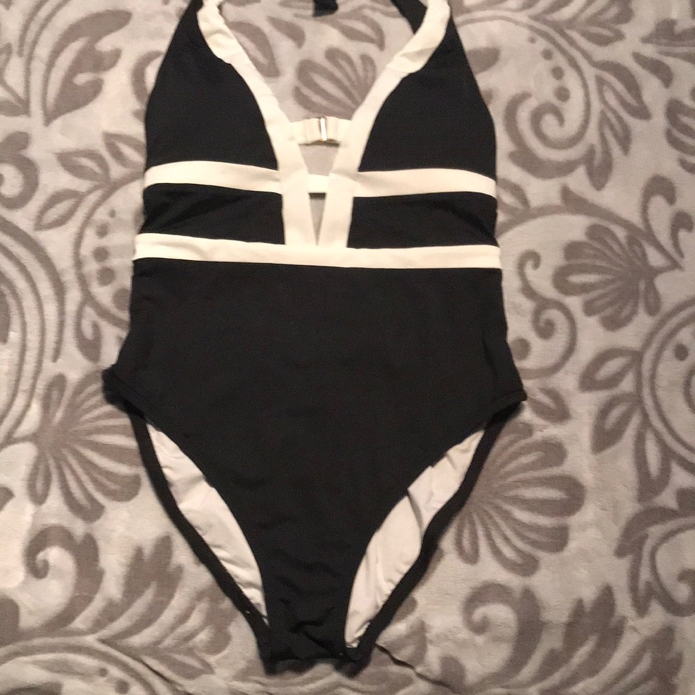 La Blanca Black and White V-Neck Halter One-Piece Swimsuit